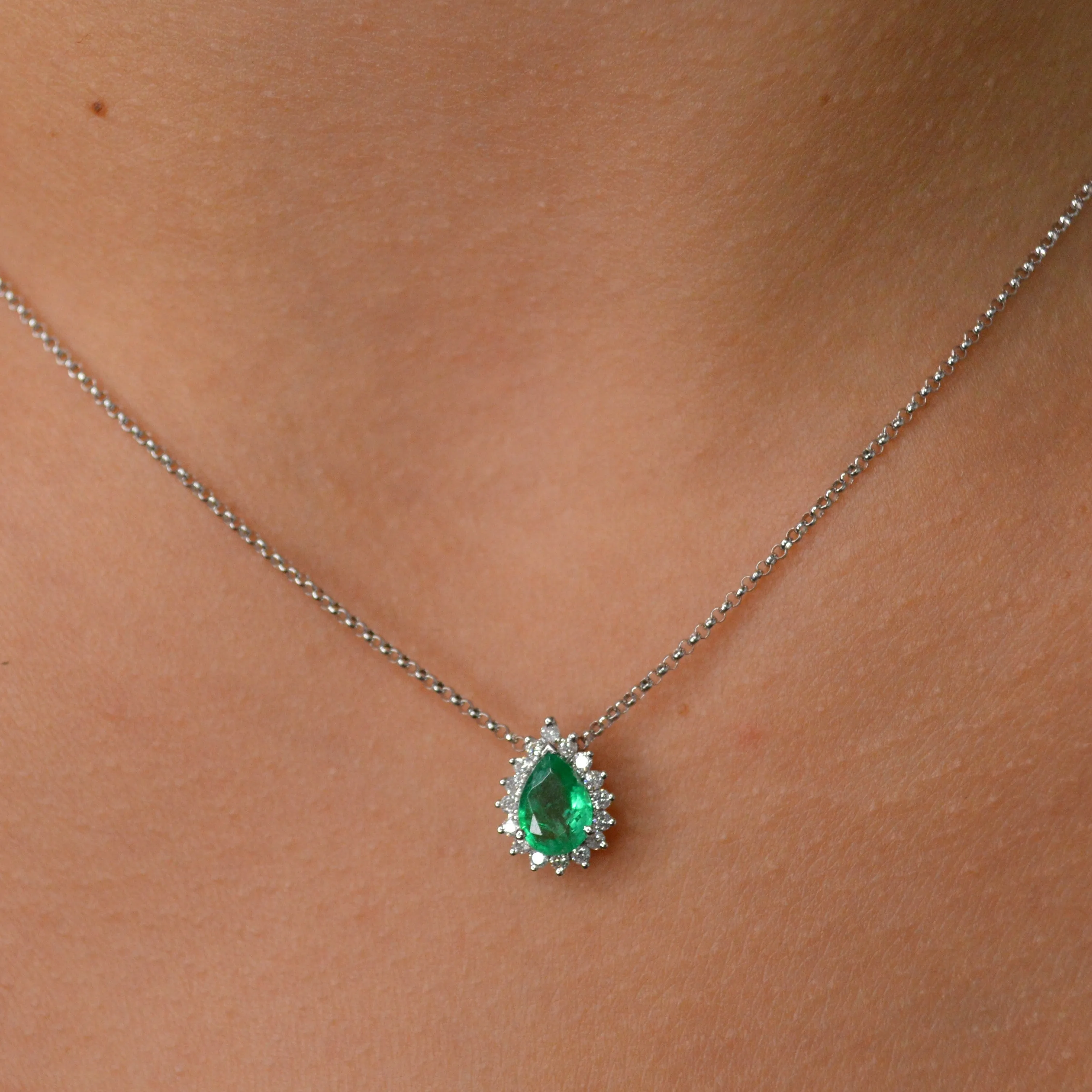 0.65ct Emerald Diamond 18K Gold Pear Halo Necklace