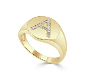14k Gold & Diamond Initial Signet Ring - 0.06ct