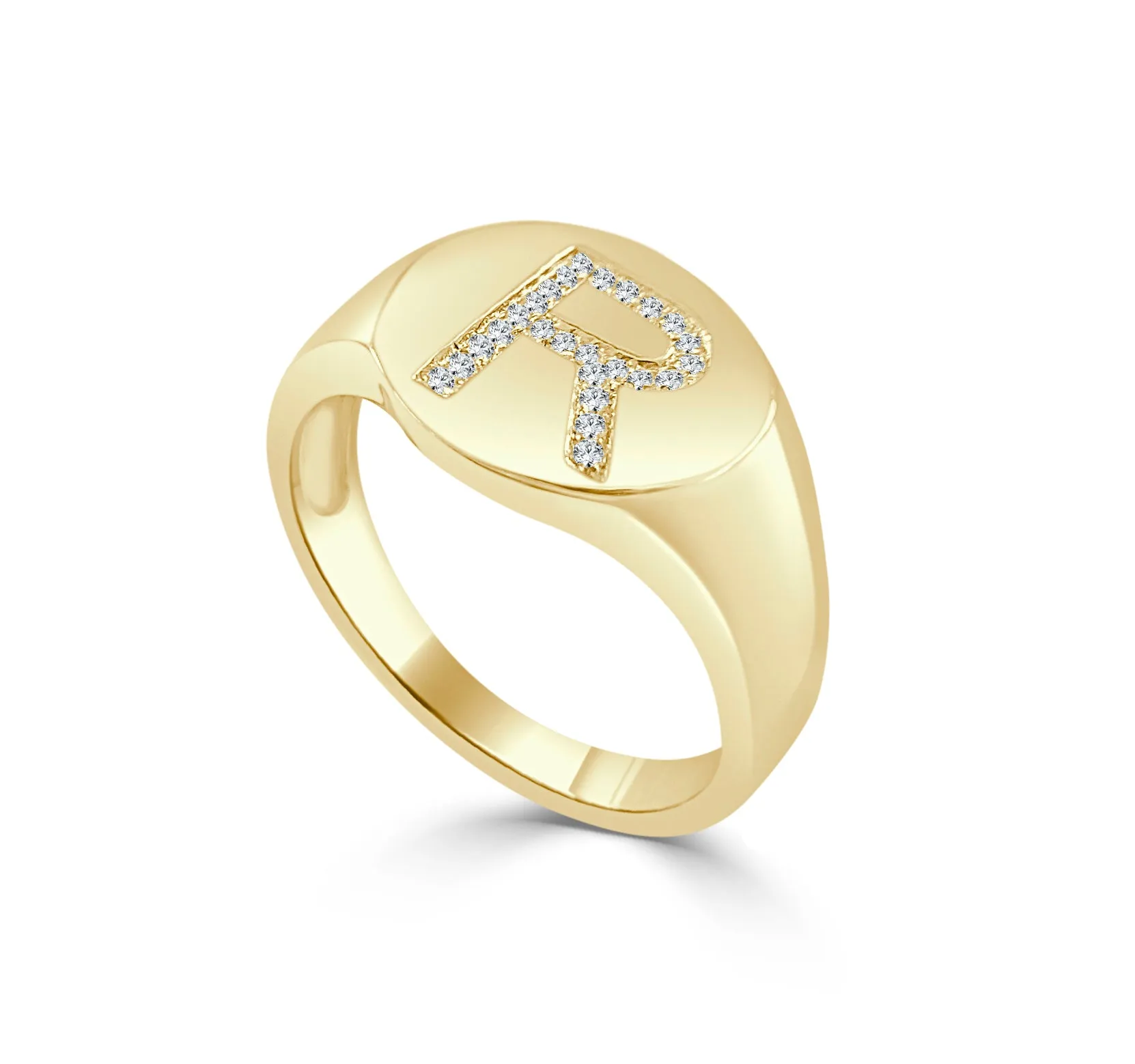 14k Gold & Diamond Initial Signet Ring - 0.06ct