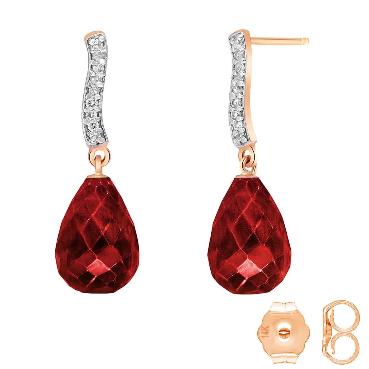 14K Solid Rose Gold Diamond & Ruby Genuine Earrings