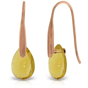 14K Solid Rose Gold Fish Hook Earrings w/ Dangling Briolette Citrines