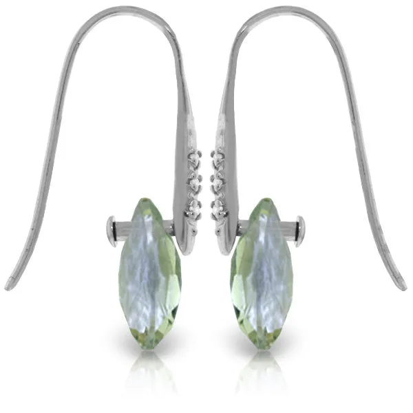 14K Solid White Gold Fish Hook Earrings w/ Diamonds & Dangling Briolette Green Amethyst