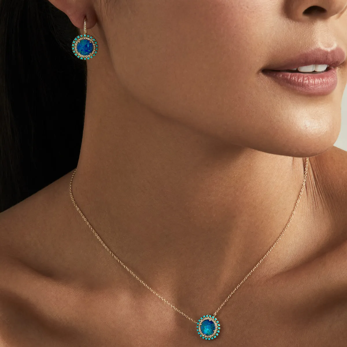14KT Yellow Gold Opal Turquoise Diamond Round Kai Necklace