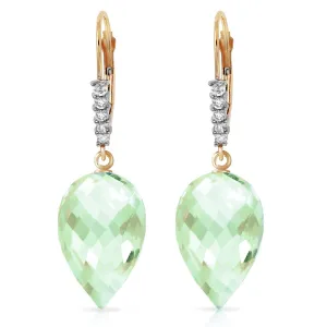 19.15 Carat 14K Solid Yellow Gold Drop Briolette Green Amethyst Diamond Earrings