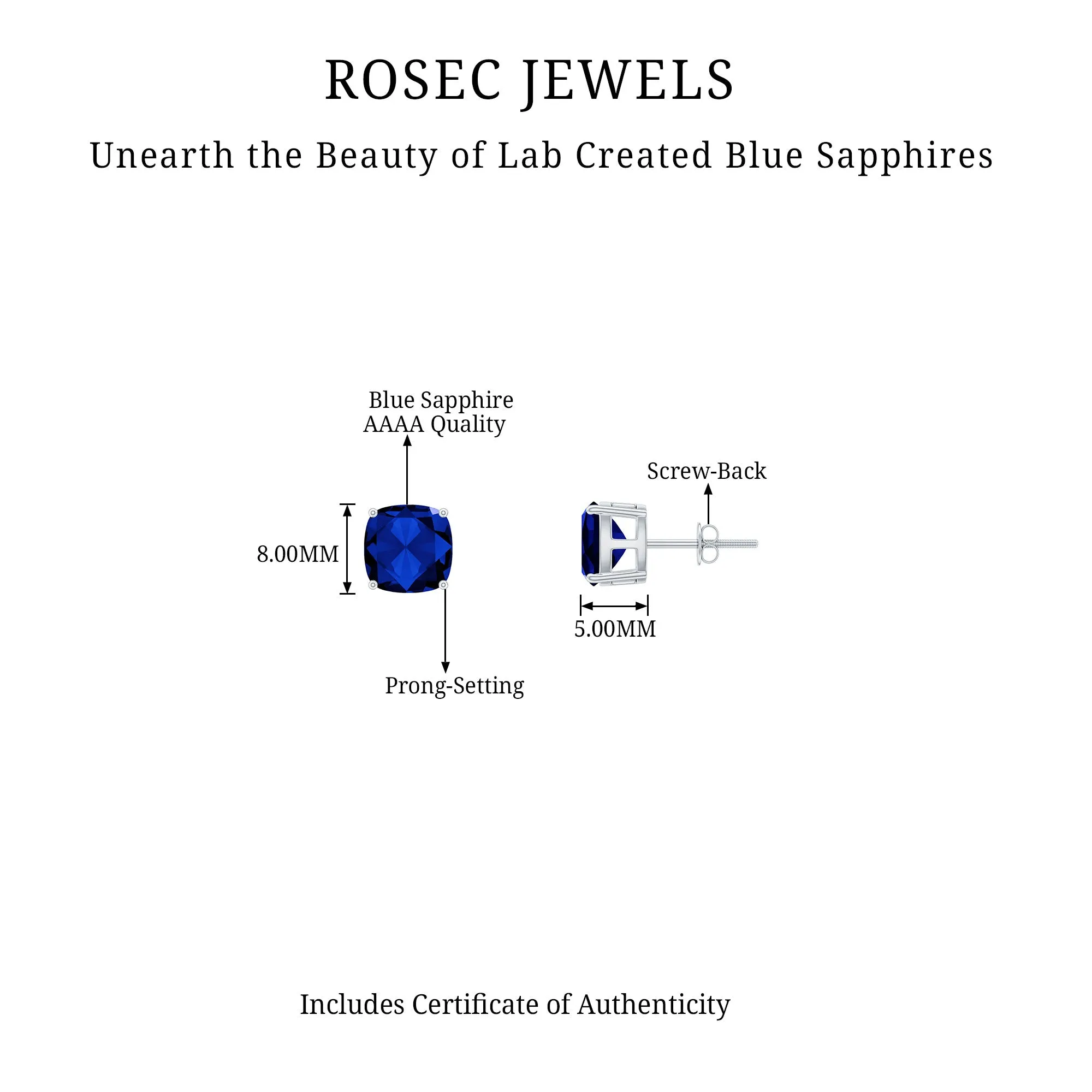 3 CT Cushion Cut Created Blue Sapphire Solitaire Stud Earring