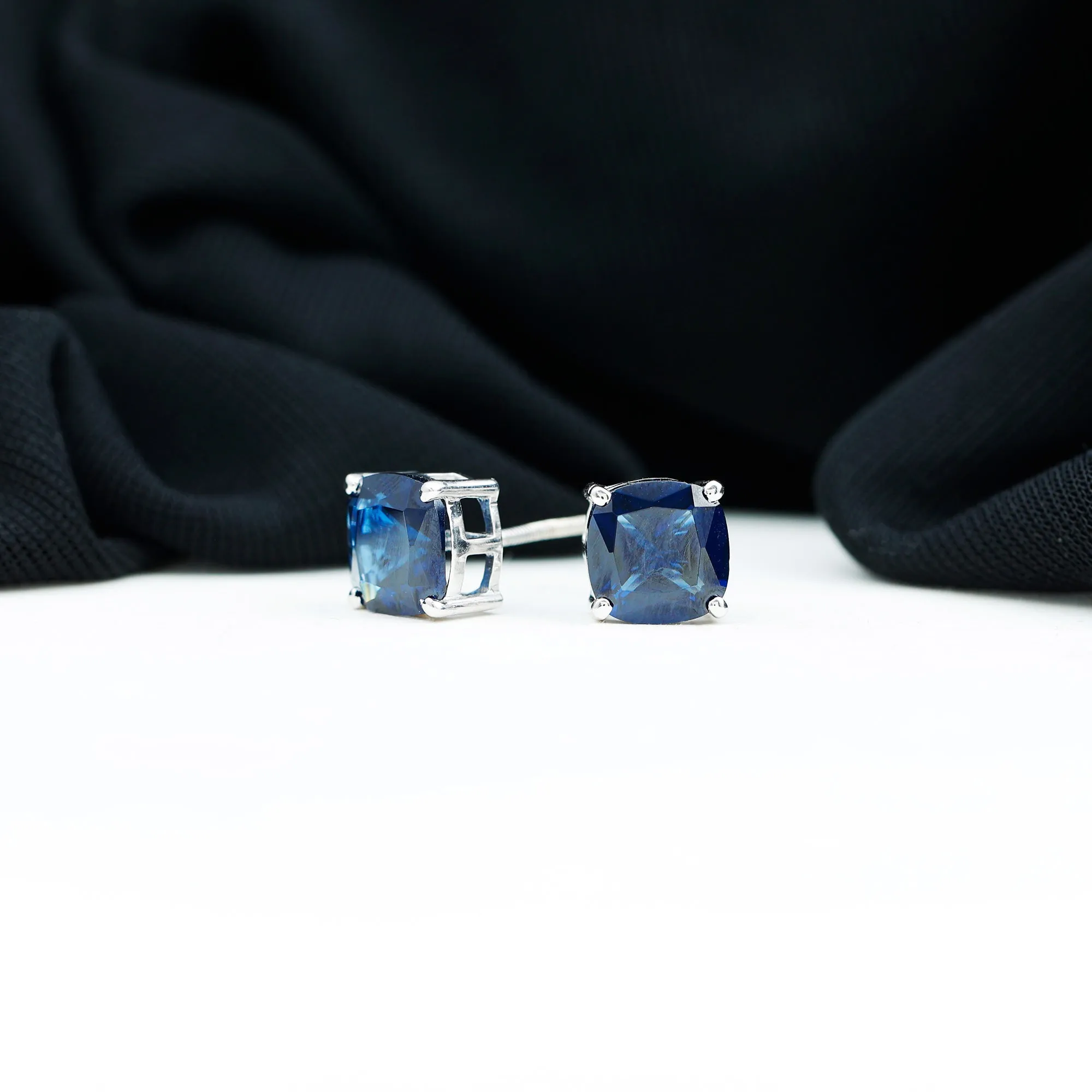 3 CT Cushion Cut Created Blue Sapphire Solitaire Stud Earring