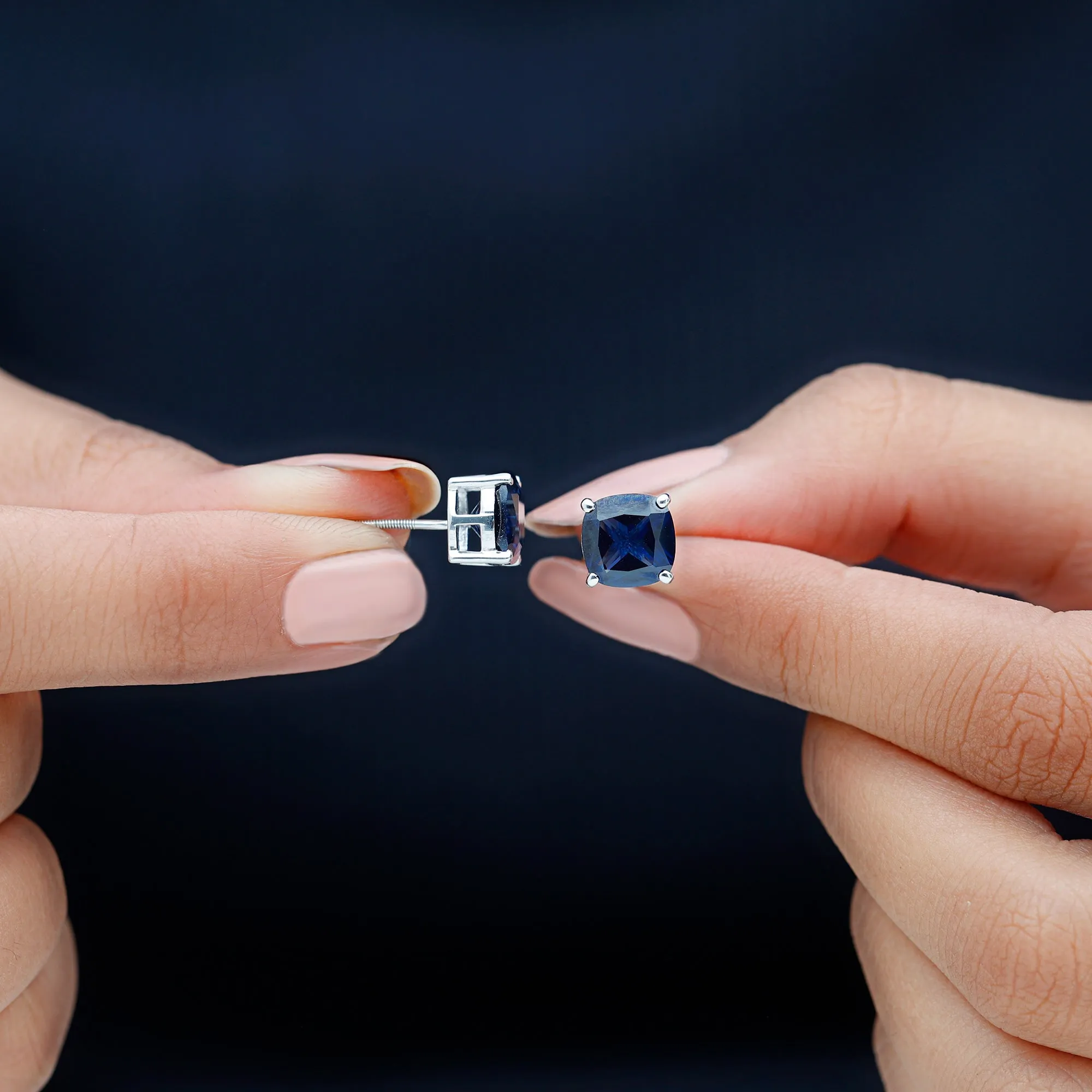 3 CT Cushion Cut Created Blue Sapphire Solitaire Stud Earring