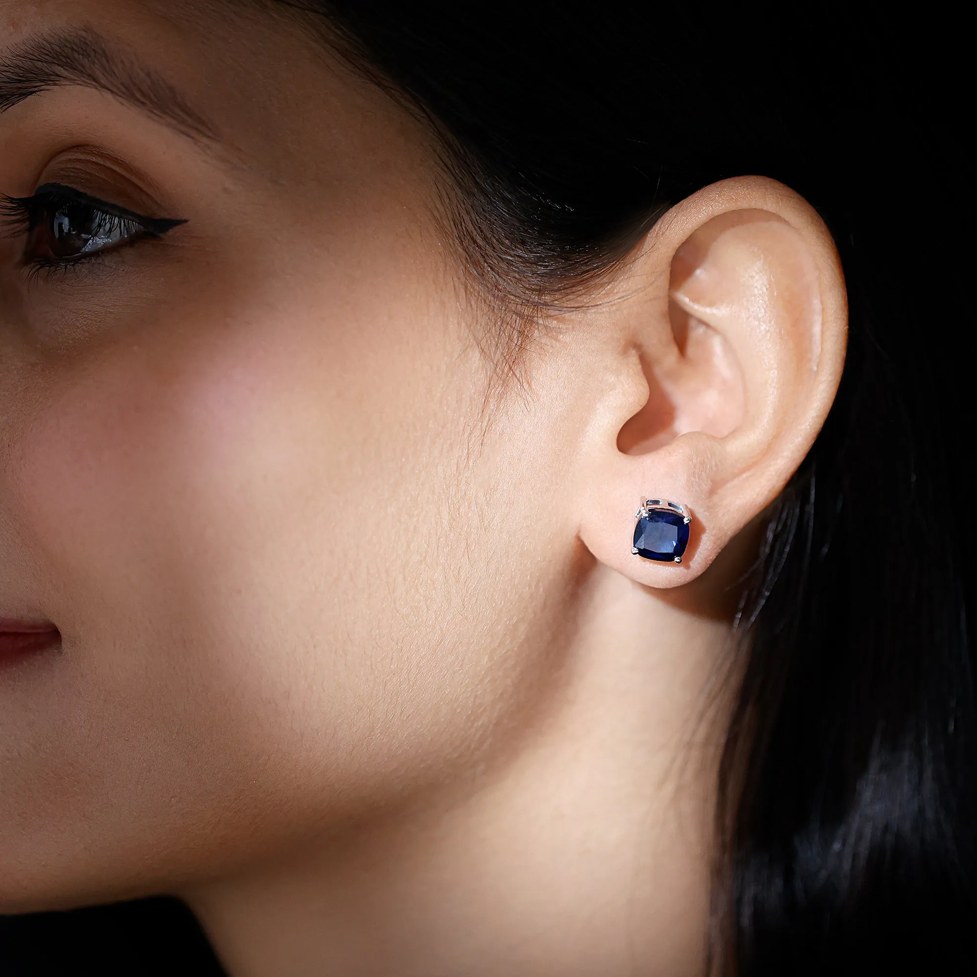 3 CT Cushion Cut Created Blue Sapphire Solitaire Stud Earring