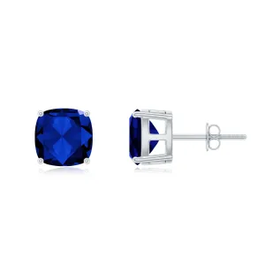 3 CT Cushion Cut Created Blue Sapphire Solitaire Stud Earring