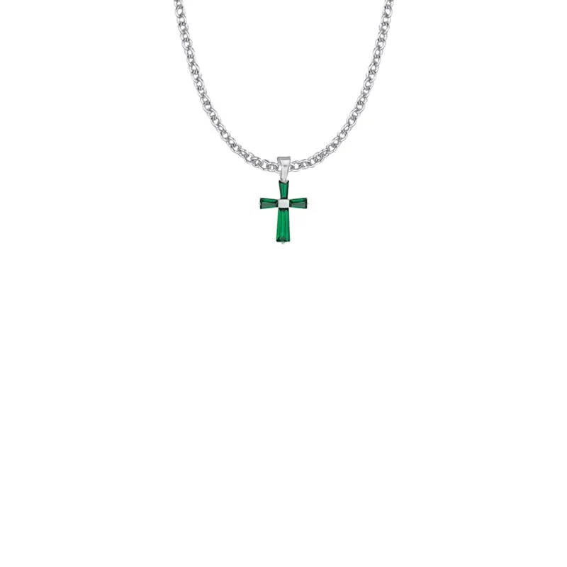 5/8 Inch Sterling Silver and Glass Crystal May Birthstone Baguette Cross Necklace