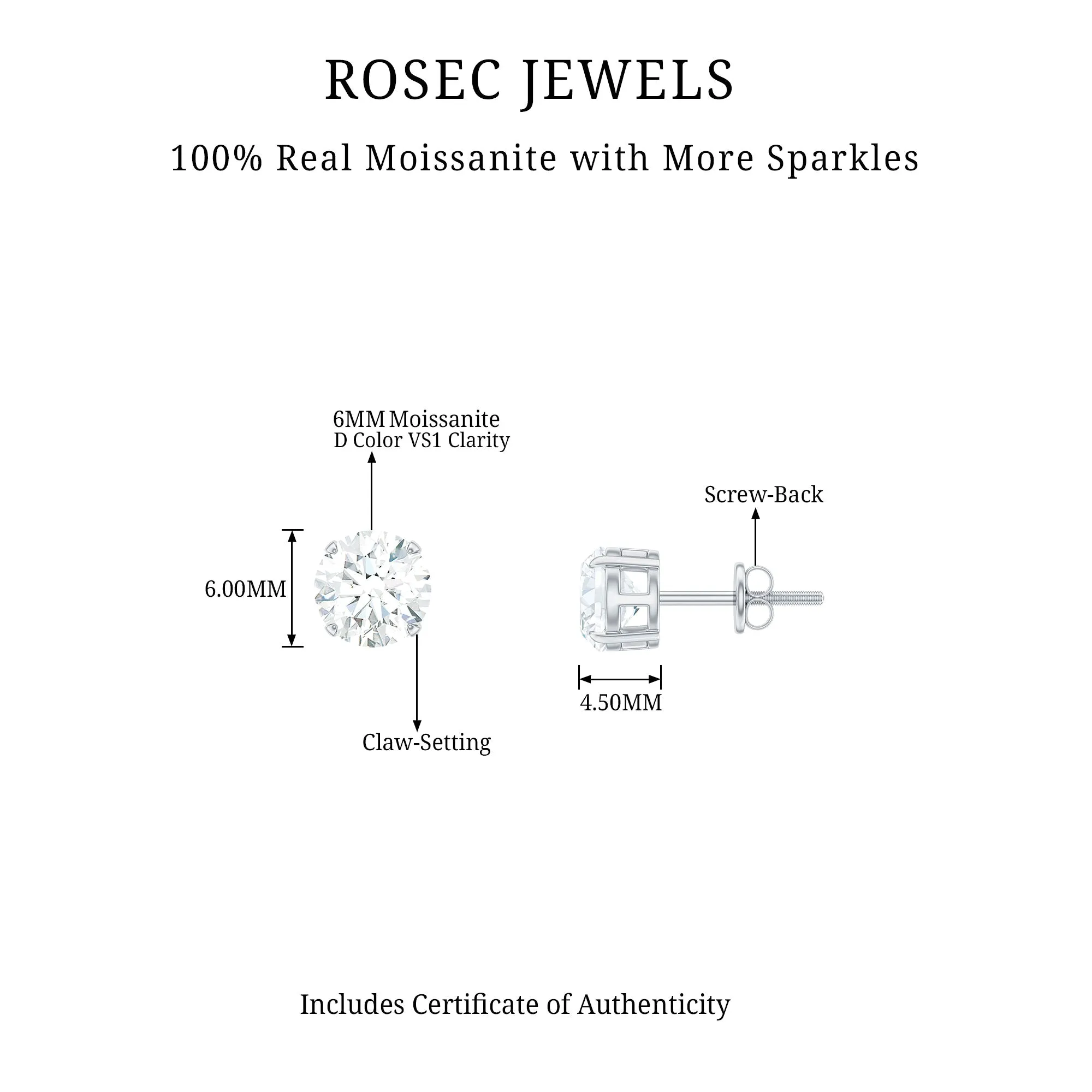 6 MM Moissanite Solitaire Stud Earrings