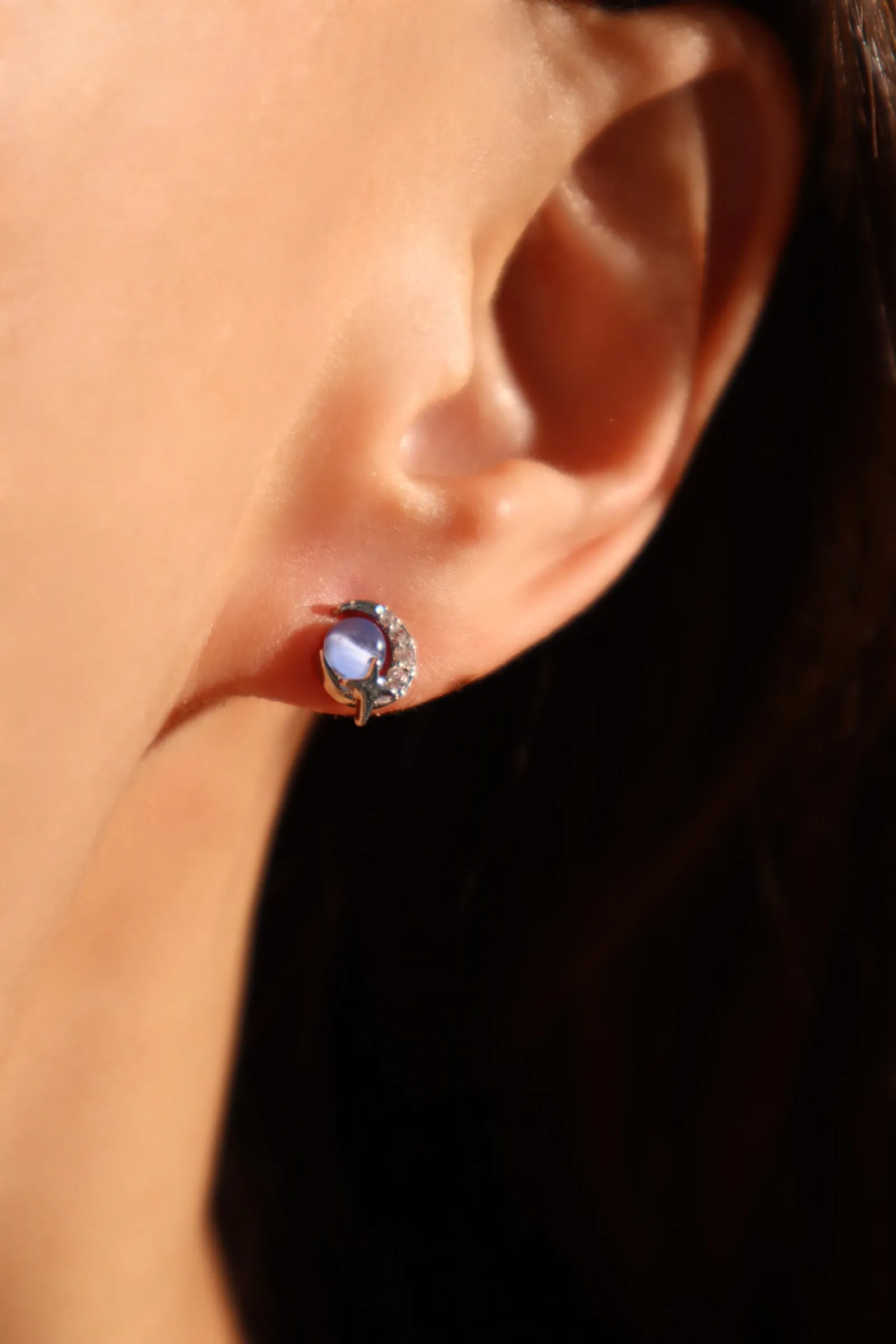 925 Sterling Silver Moonstone Moon Star Stud Earrings