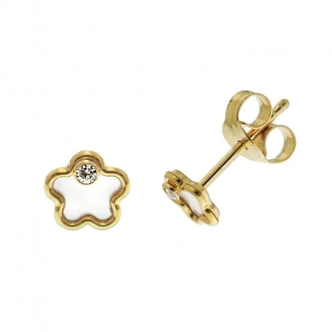 9ct Yellow Gold Zirconia & Mother Of Pearl Flower Stud Earrings ES617