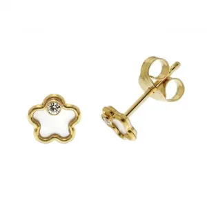 9ct Yellow Gold Zirconia & Mother Of Pearl Flower Stud Earrings ES617