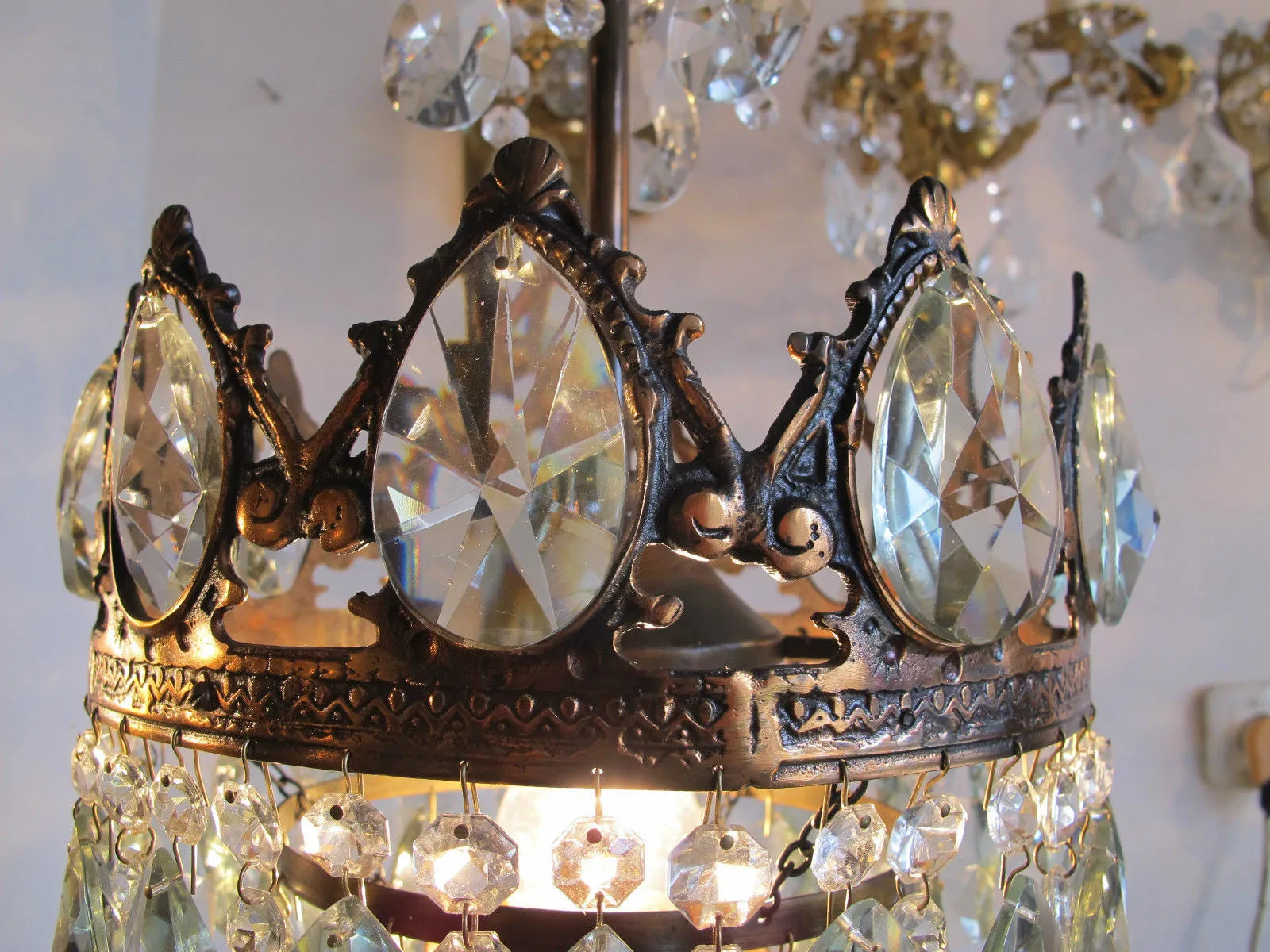 Antique French Pretty Crystal Chandelier Lamp Light 1940s 10"dmtr
