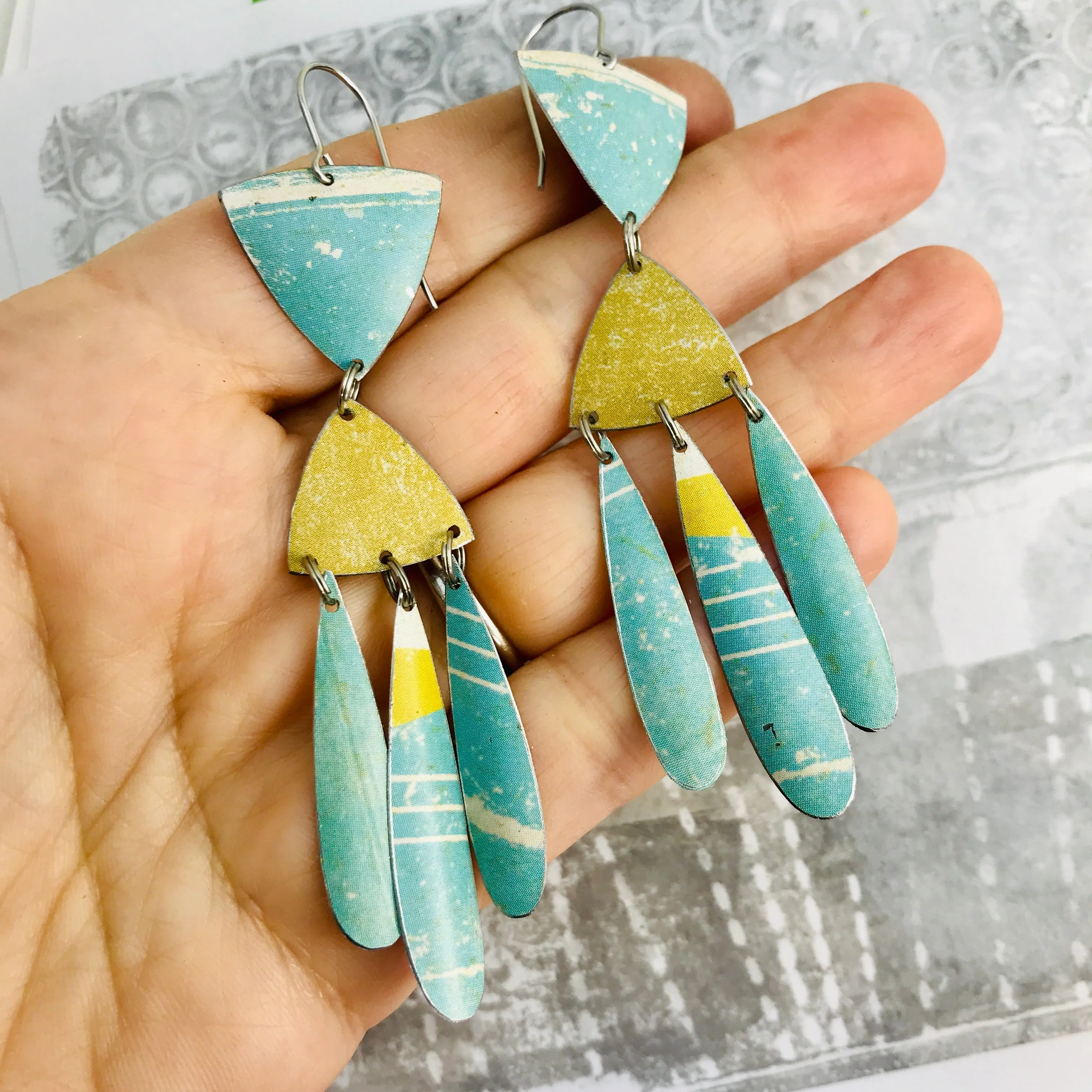 Aqua and Fawn Tin Chandelier Earrings