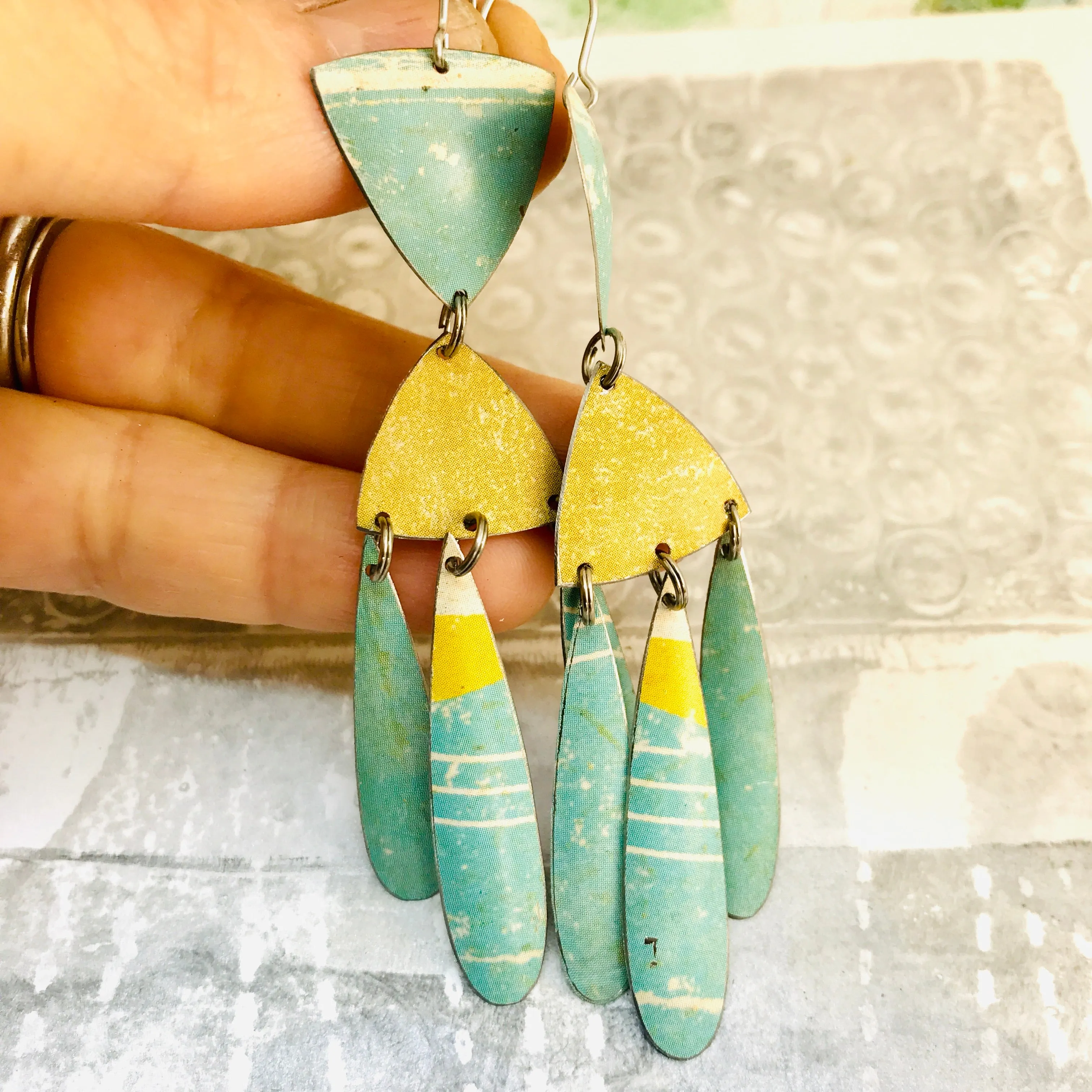 Aqua and Fawn Tin Chandelier Earrings