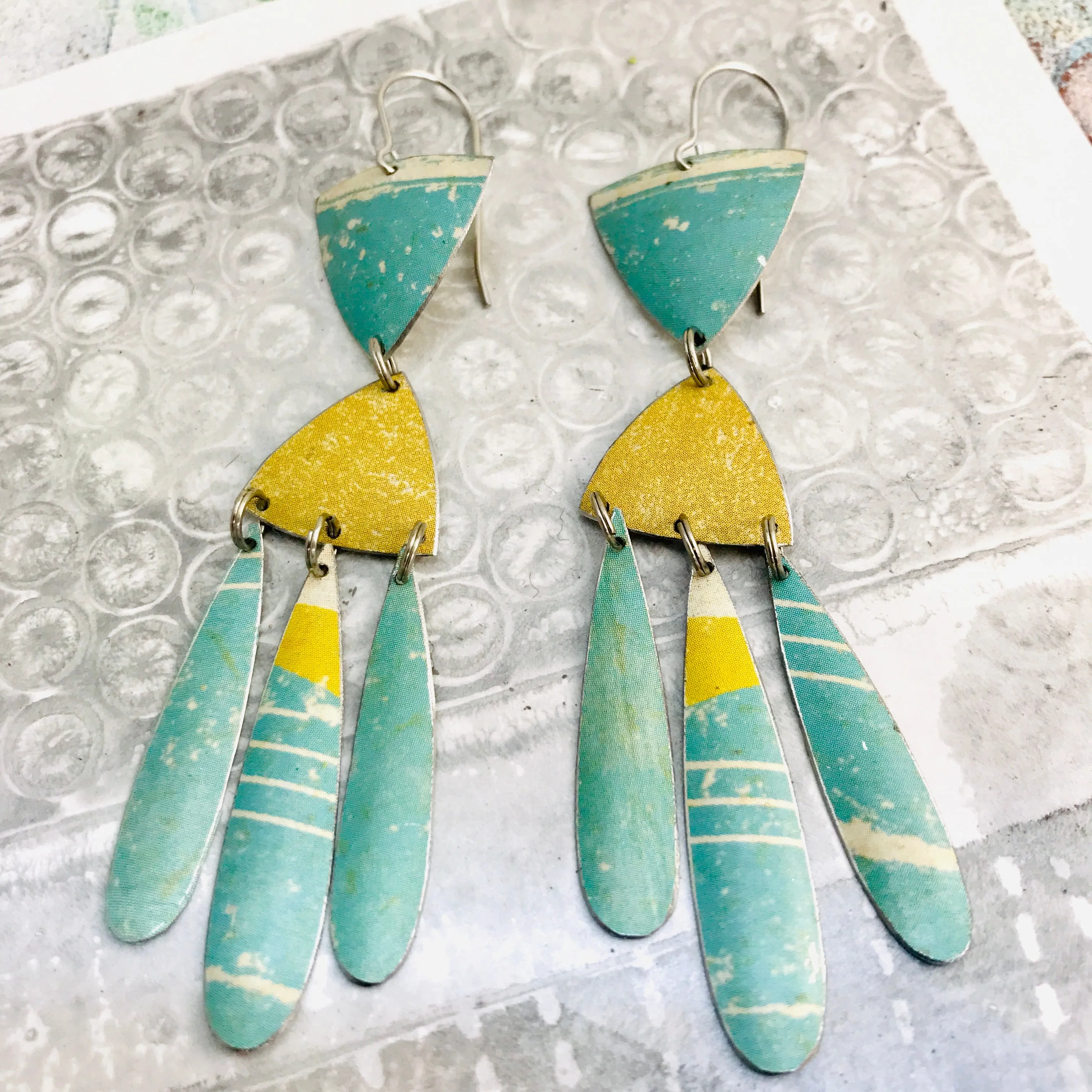 Aqua and Fawn Tin Chandelier Earrings