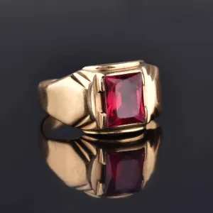 Art Deco Mens Gold Ruby Signet Ring, Sz 13.25