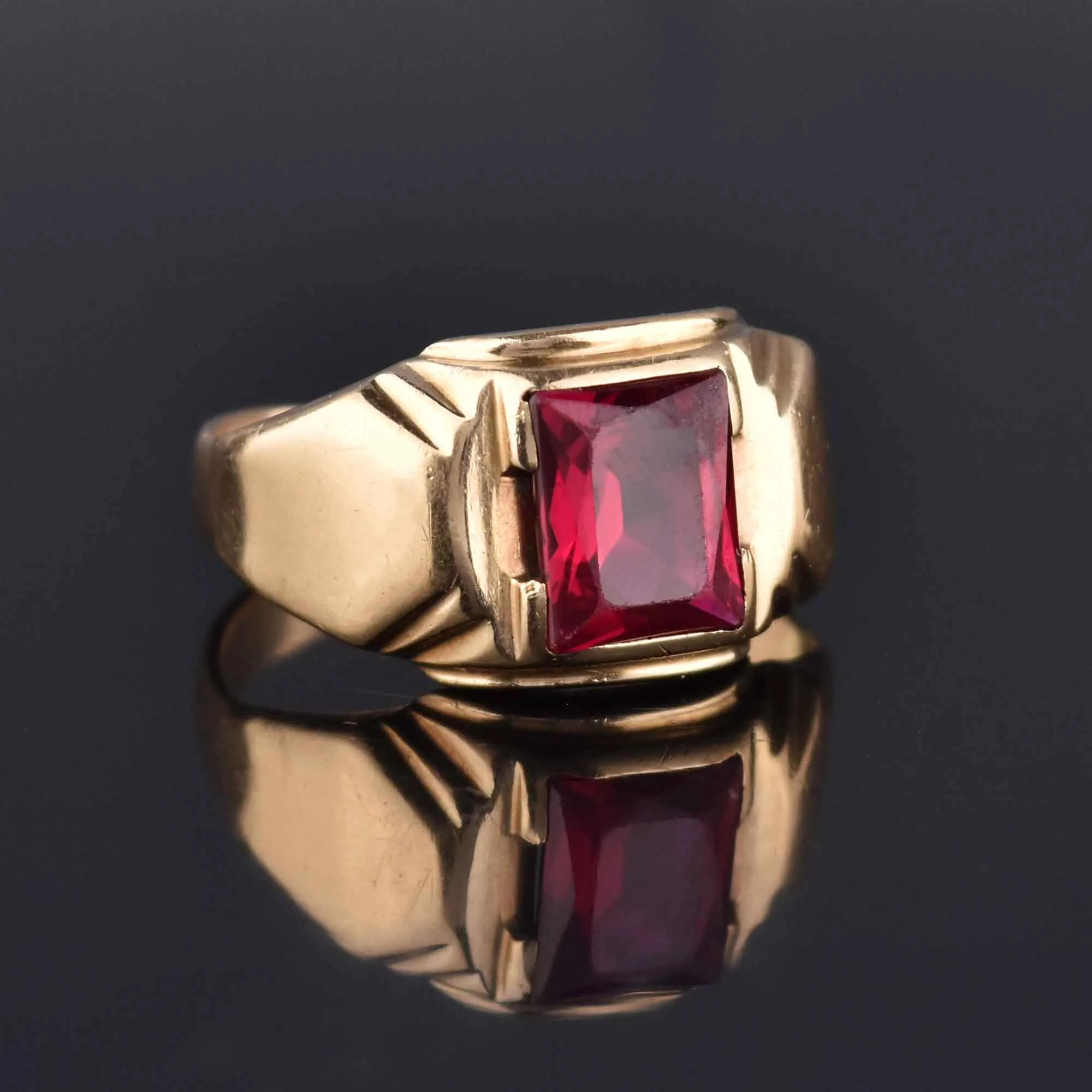 Art Deco Mens Gold Ruby Signet Ring, Sz 13.25