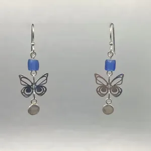 Asoyuf Mini Silver Butterfly Earrings with Trade Beads & Smoky Quartz