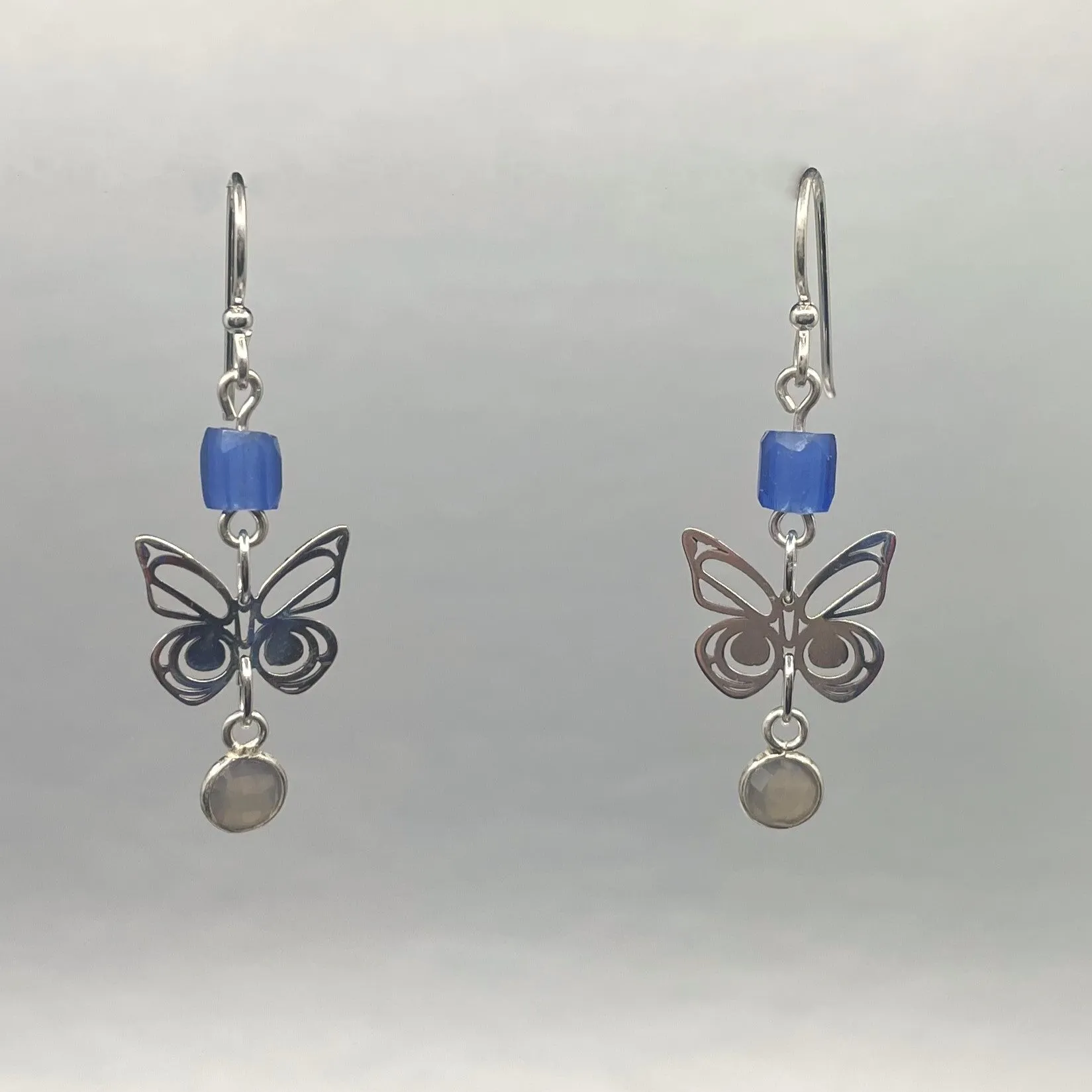 Asoyuf Mini Silver Butterfly Earrings with Trade Beads & Smoky Quartz