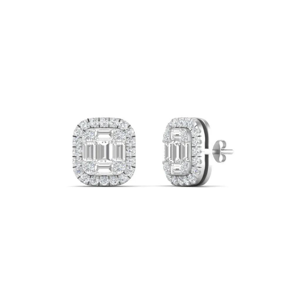 Baguette, Round And Emerald Cut Lab Diamond Studs Women Earring In 14k Gold