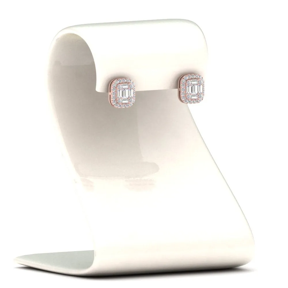 Baguette, Round And Emerald Cut Lab Diamond Studs Women Earring In 14k Gold