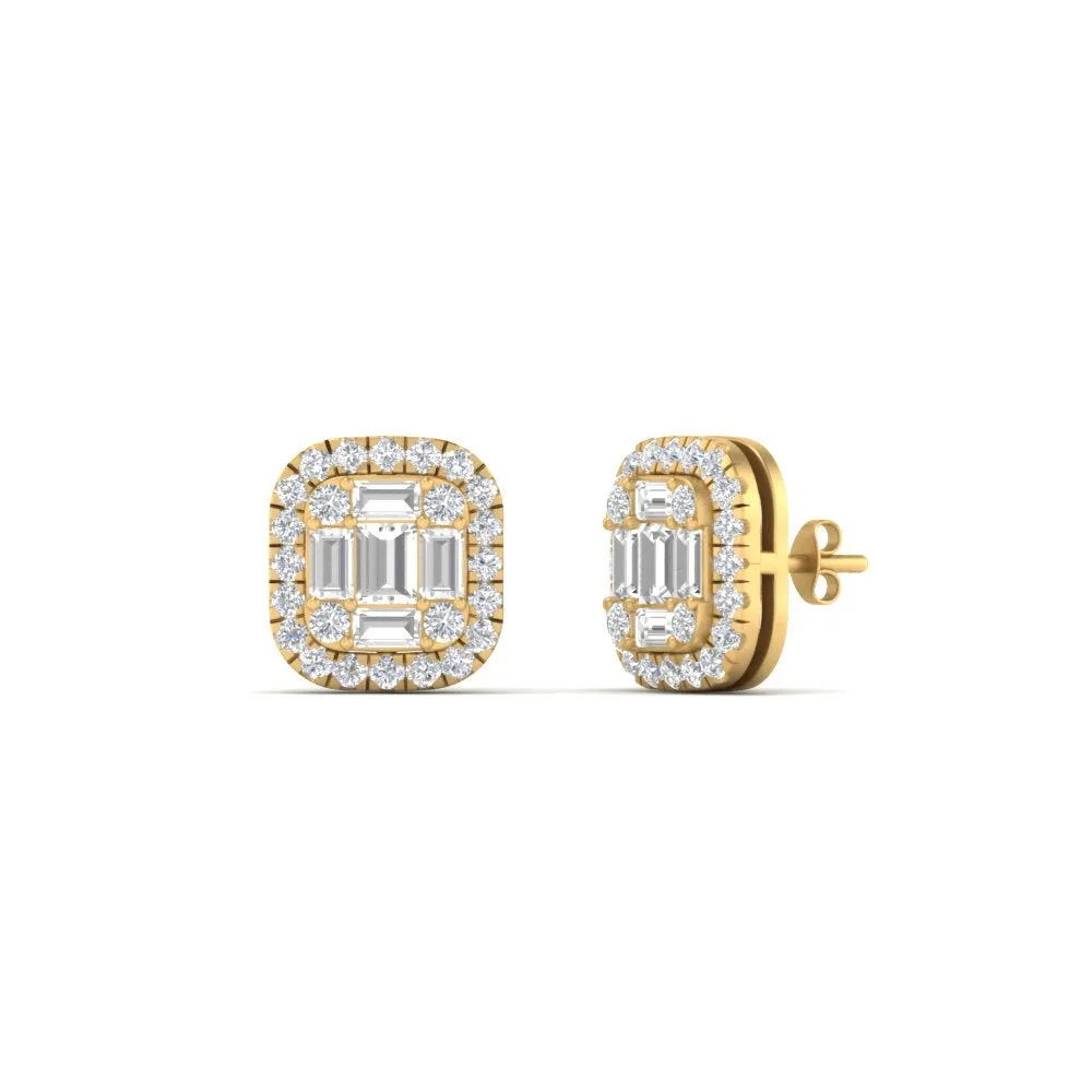Baguette, Round And Emerald Cut Lab Diamond Studs Women Earring In 14k Gold