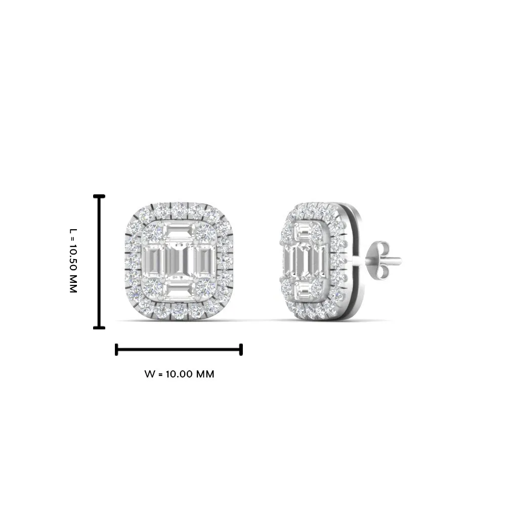 Baguette, Round And Emerald Cut Lab Diamond Studs Women Earring In 14k Gold