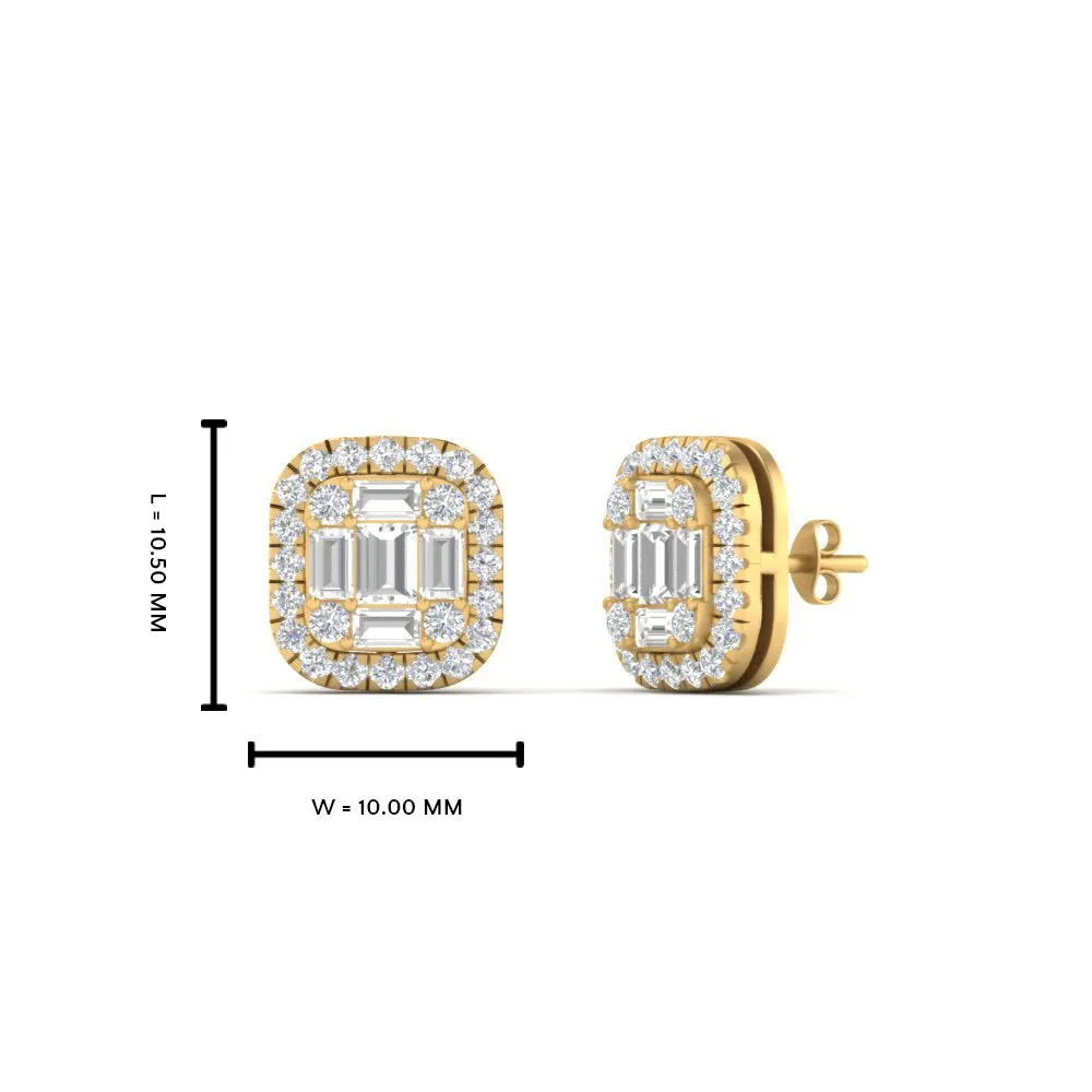 Baguette, Round And Emerald Cut Lab Diamond Studs Women Earring In 14k Gold