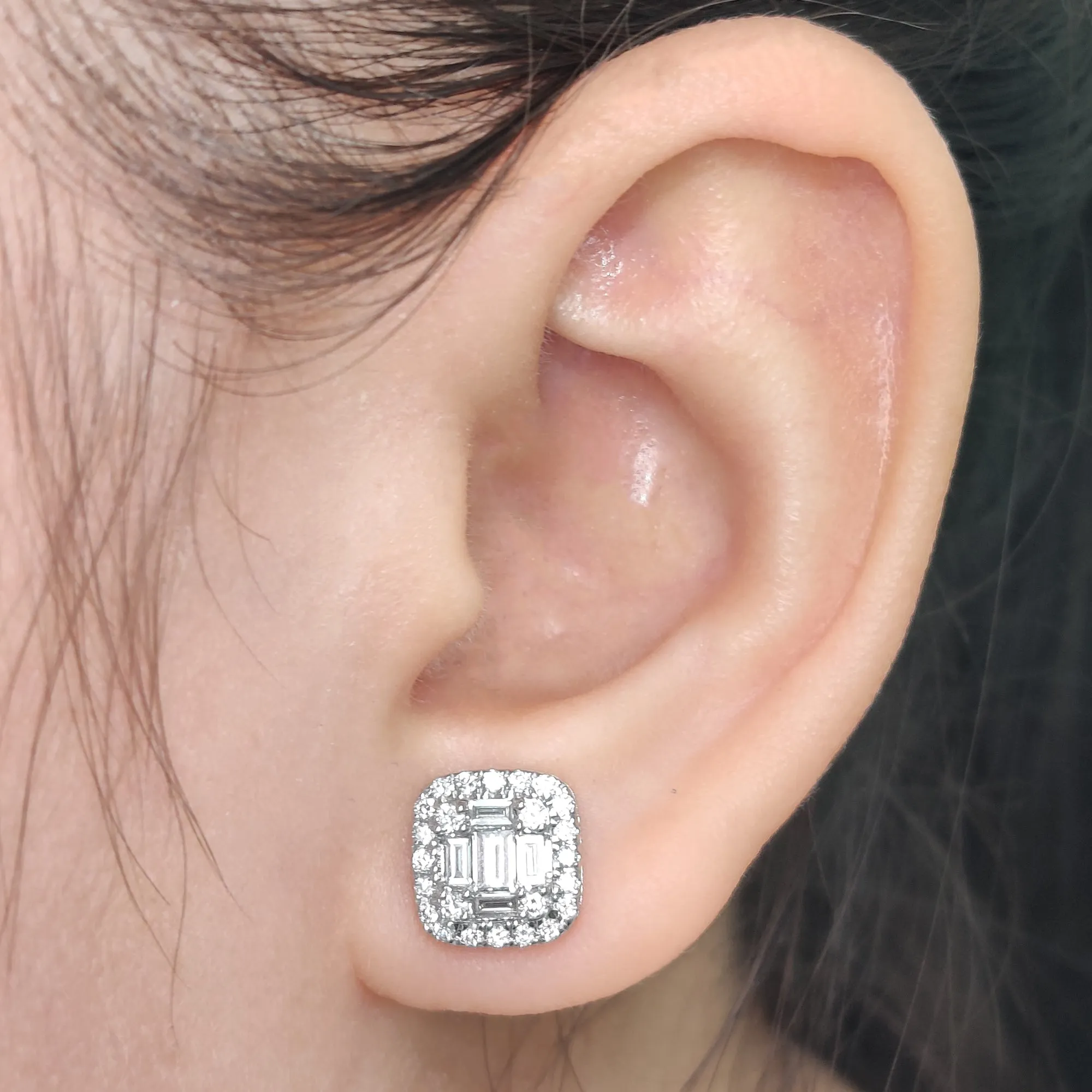 Baguette, Round And Emerald Cut Lab Diamond Studs Women Earring In 14k Gold