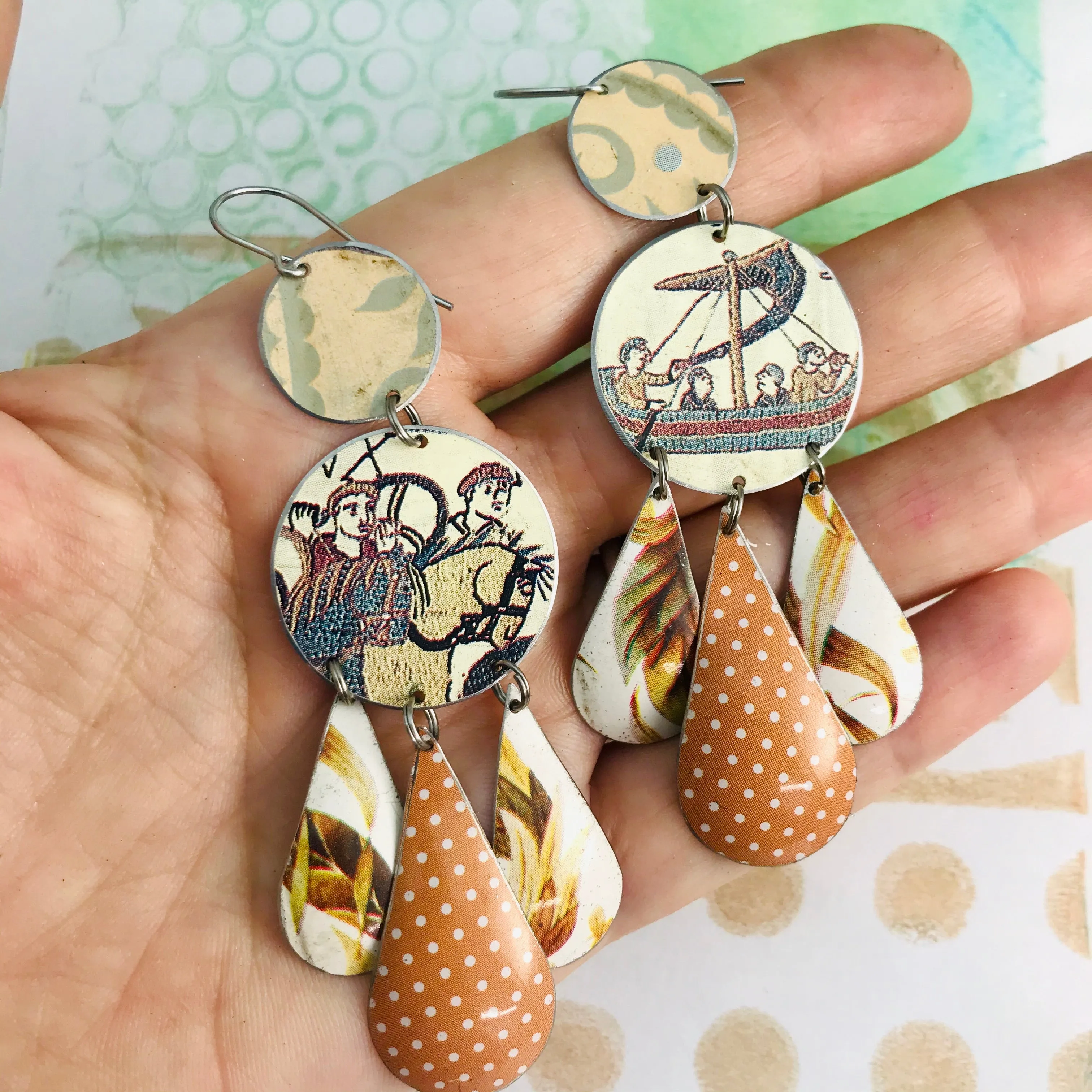 Bayeux Tapestry Zero Waste Tin Chandelier Earrings