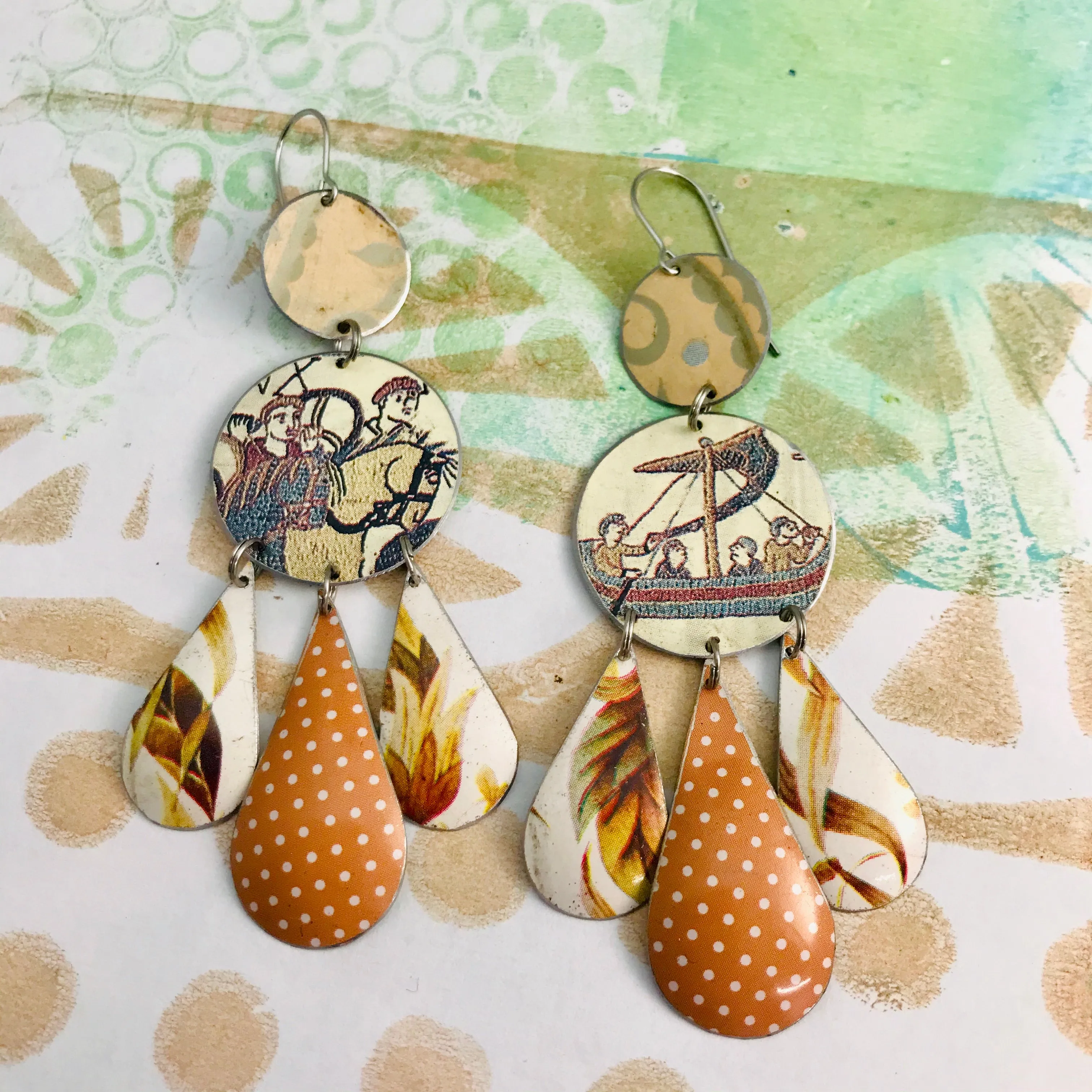 Bayeux Tapestry Zero Waste Tin Chandelier Earrings