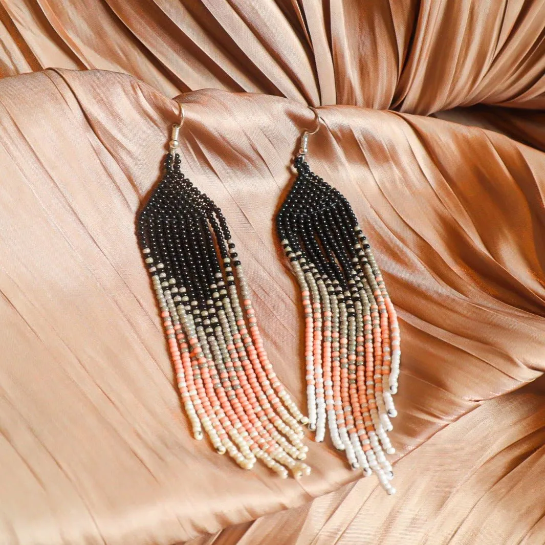 Beaded Chandelier Earrings - Black, Silver and Pink