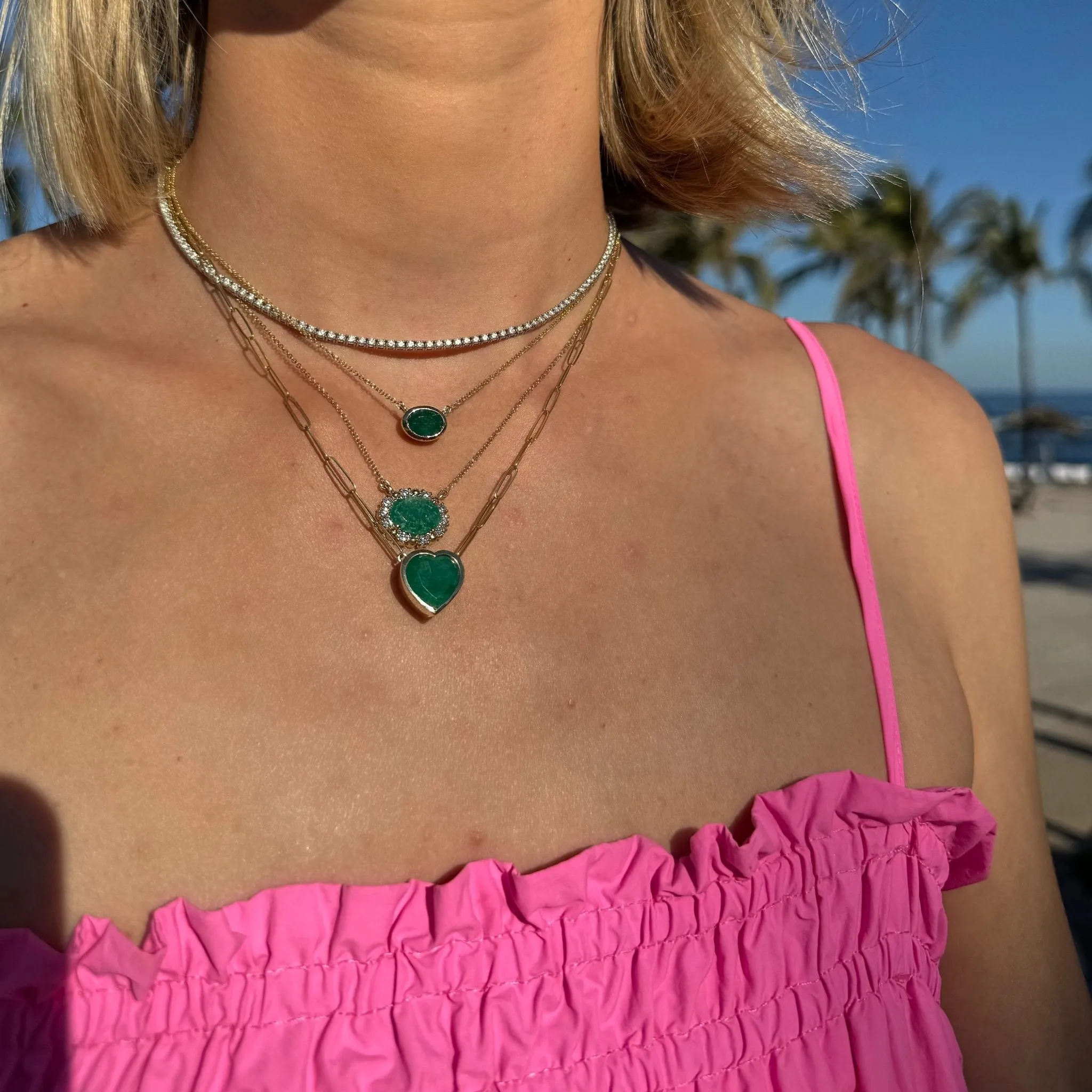 Bezel Set Heart Cut Emerald Necklace