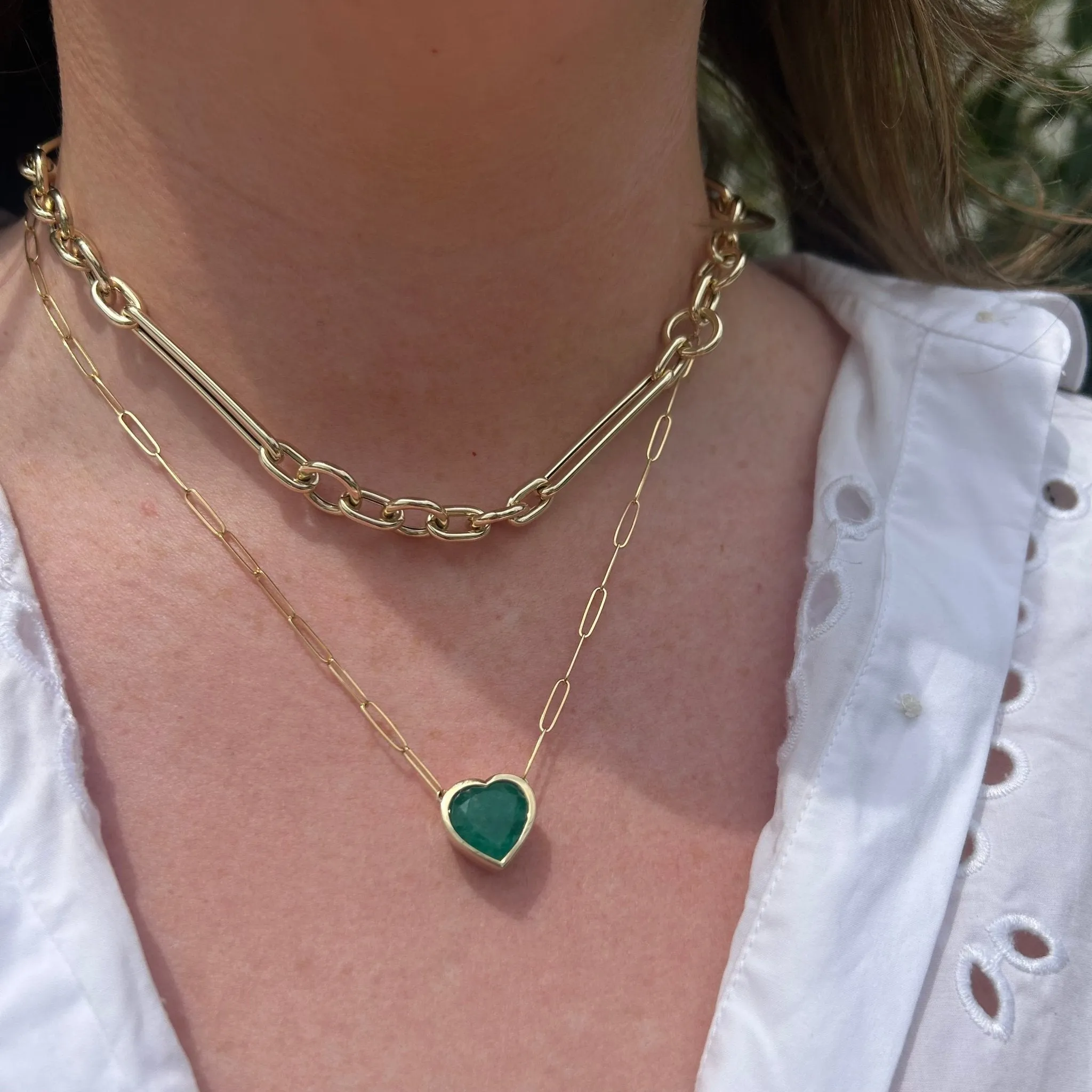 Bezel Set Heart Cut Emerald Necklace