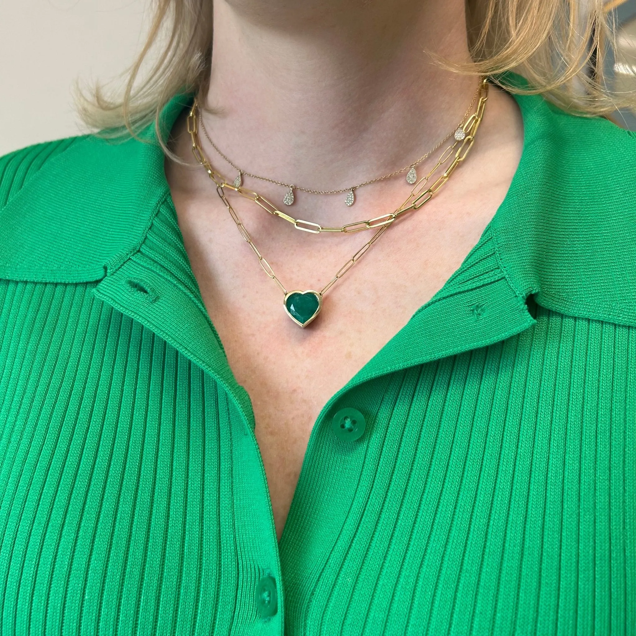 Bezel Set Heart Cut Emerald Necklace