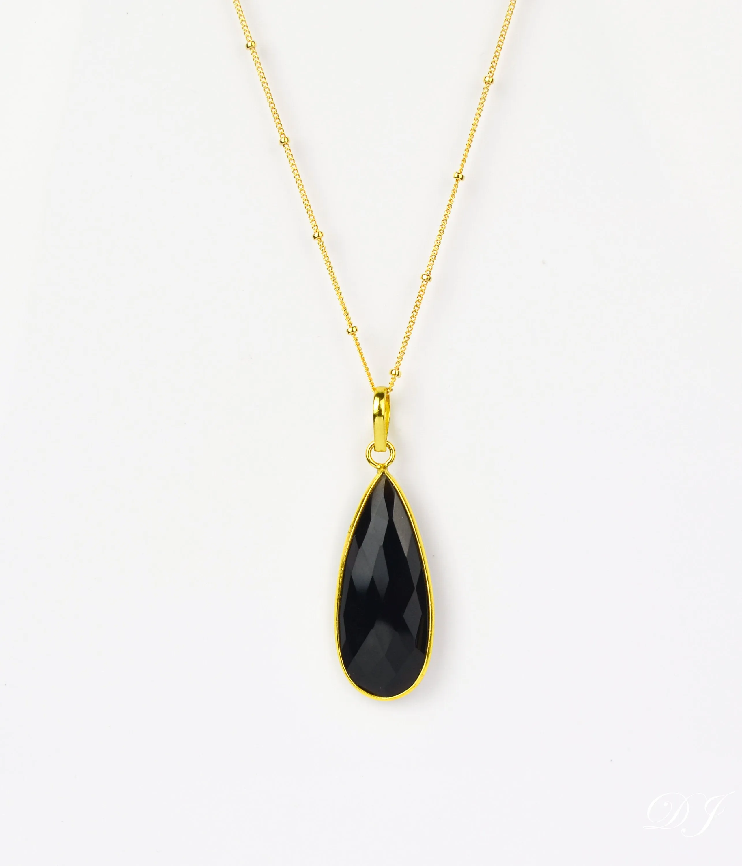 Black Onyx Elongated Teardrop Pendant Necklace