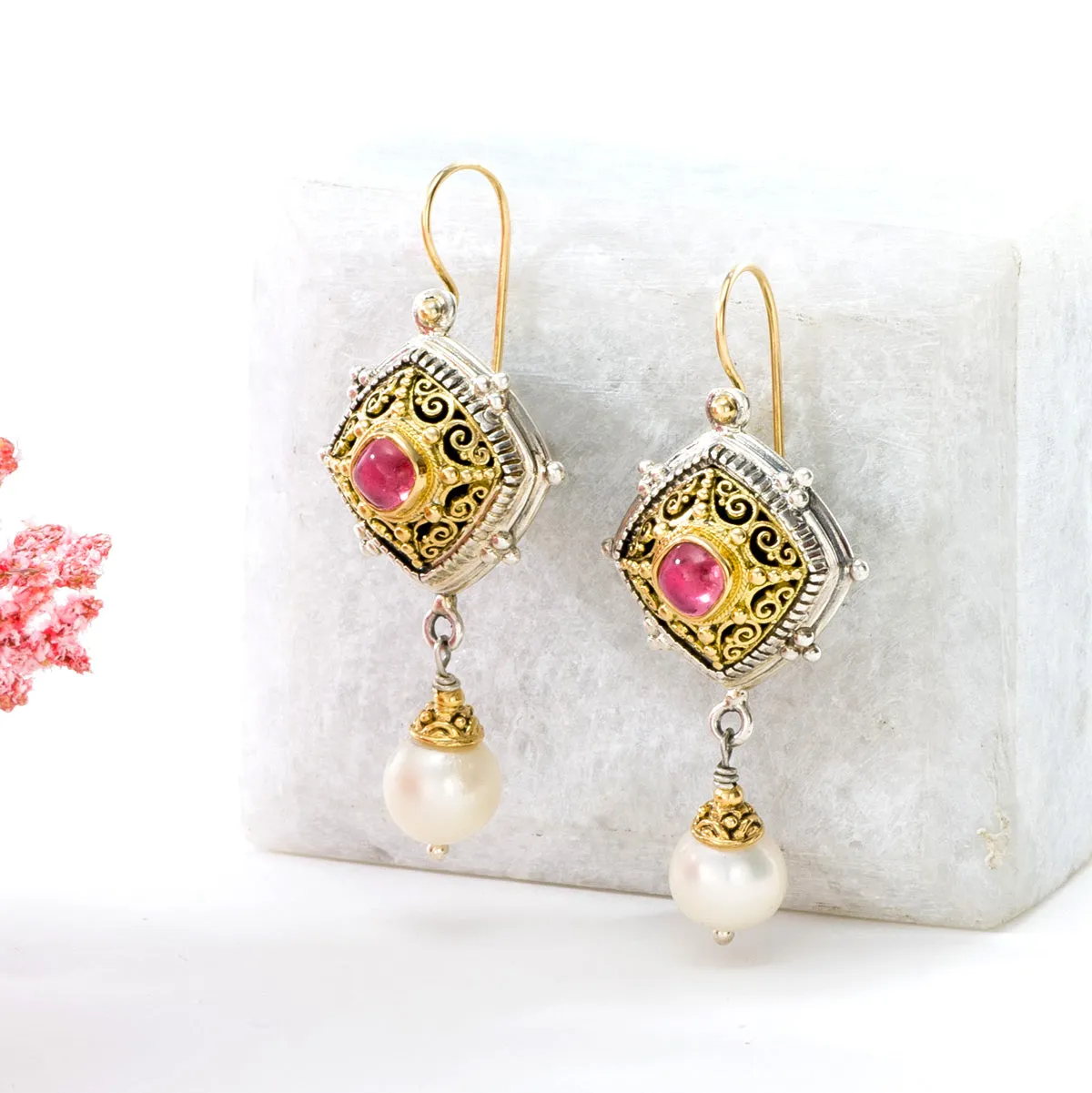 Byzantine Long Earrings with Stones and Pearls