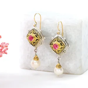 Byzantine Long Earrings with Stones and Pearls