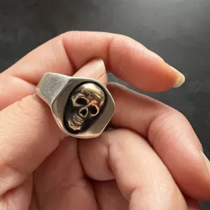 Chunky Sterling Silver Skull Signet Ring — Hand Carved Ring Design in Certified Green Recycled 925 Sterling Silver Featuring Raw Brass Skull