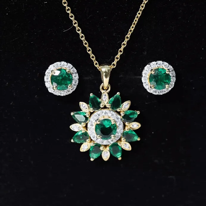 Created Emerald and Moissanite Flower Statement Jewelry Set in Gold