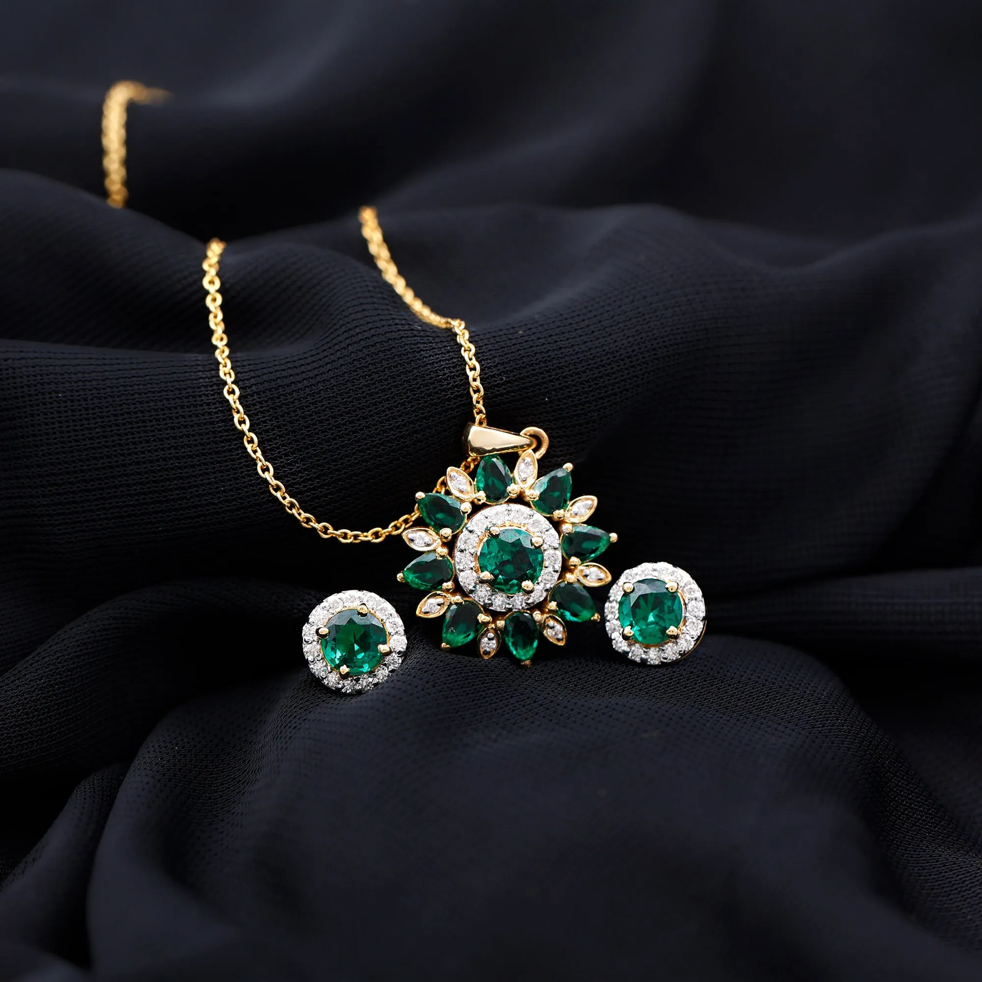 Created Emerald and Moissanite Flower Statement Jewelry Set in Gold
