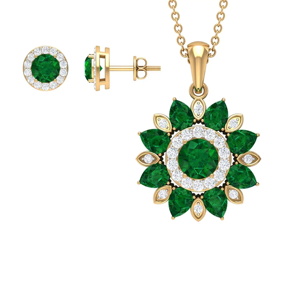 Created Emerald and Moissanite Flower Statement Jewelry Set in Gold