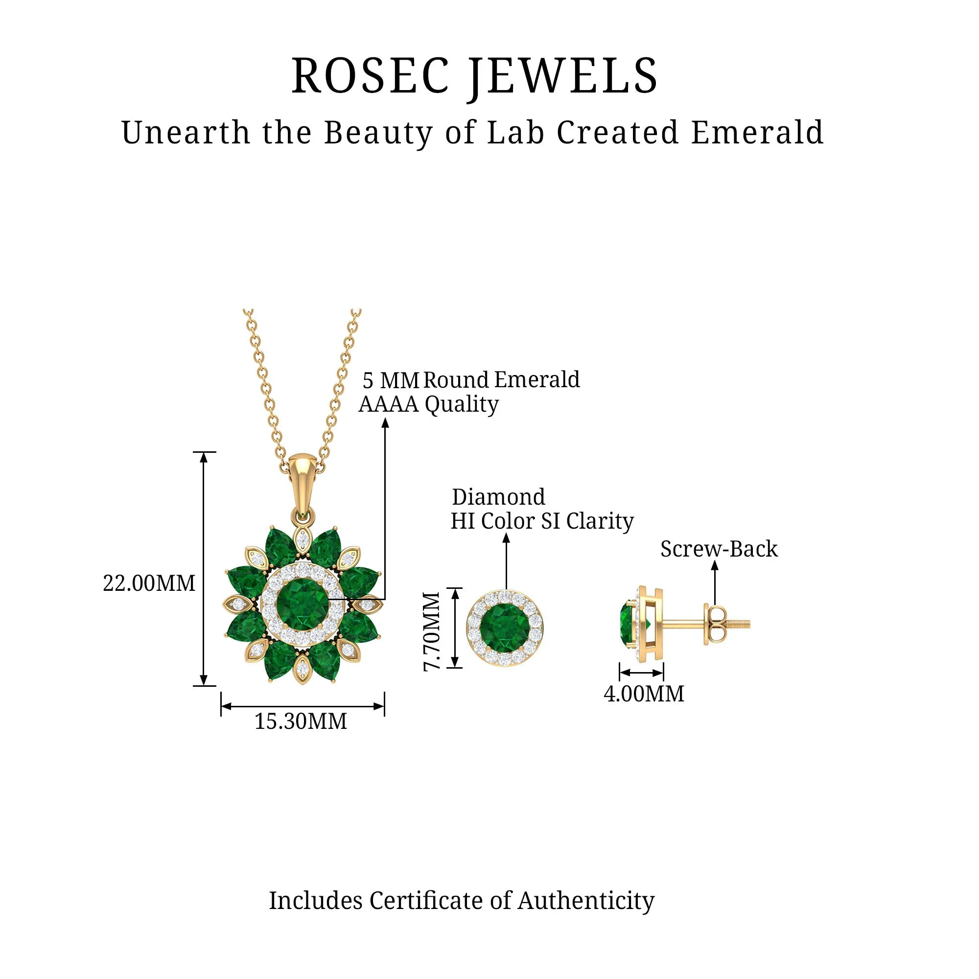Created Emerald and Moissanite Flower Statement Jewelry Set in Gold