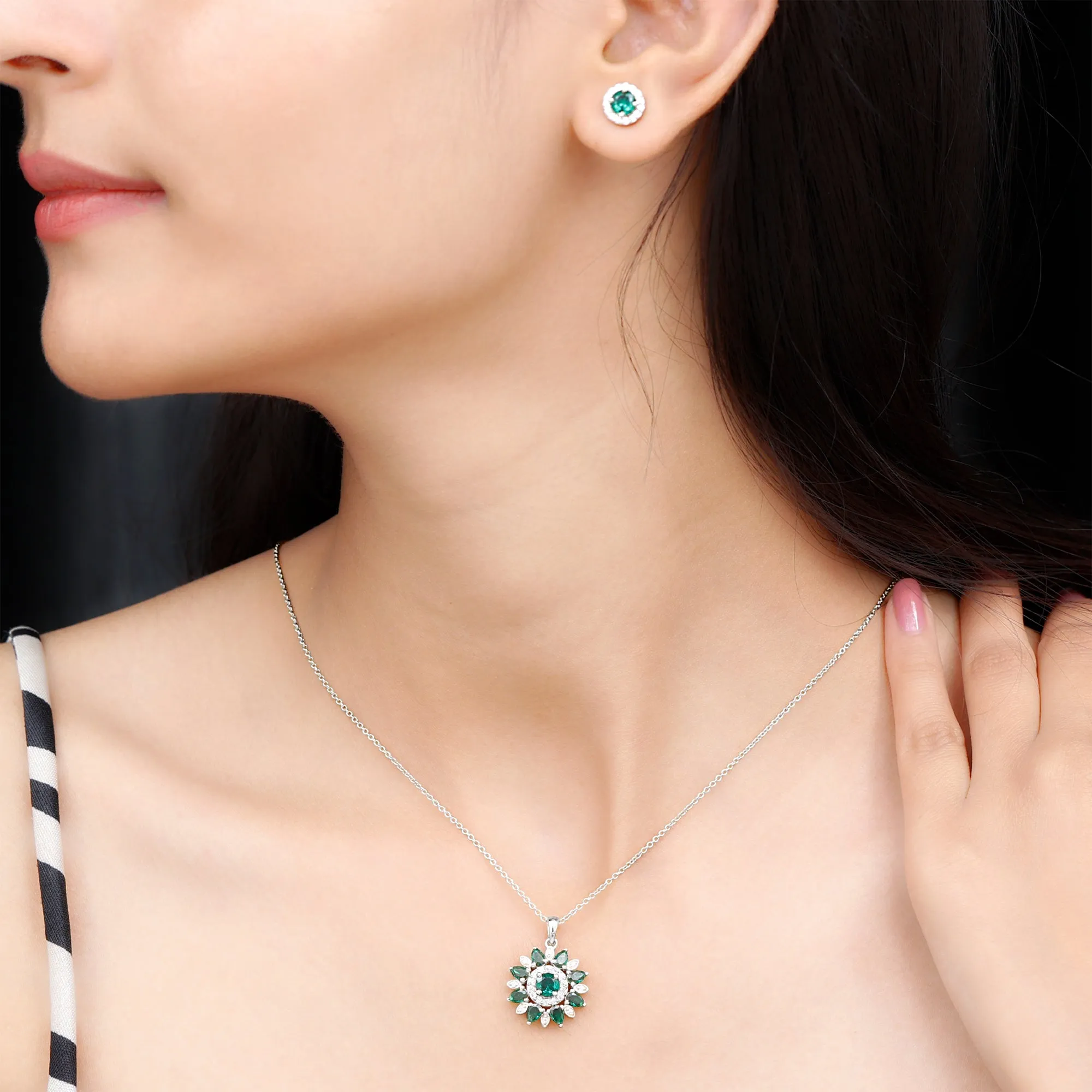 Created Emerald and Moissanite Flower Statement Jewelry Set in Gold