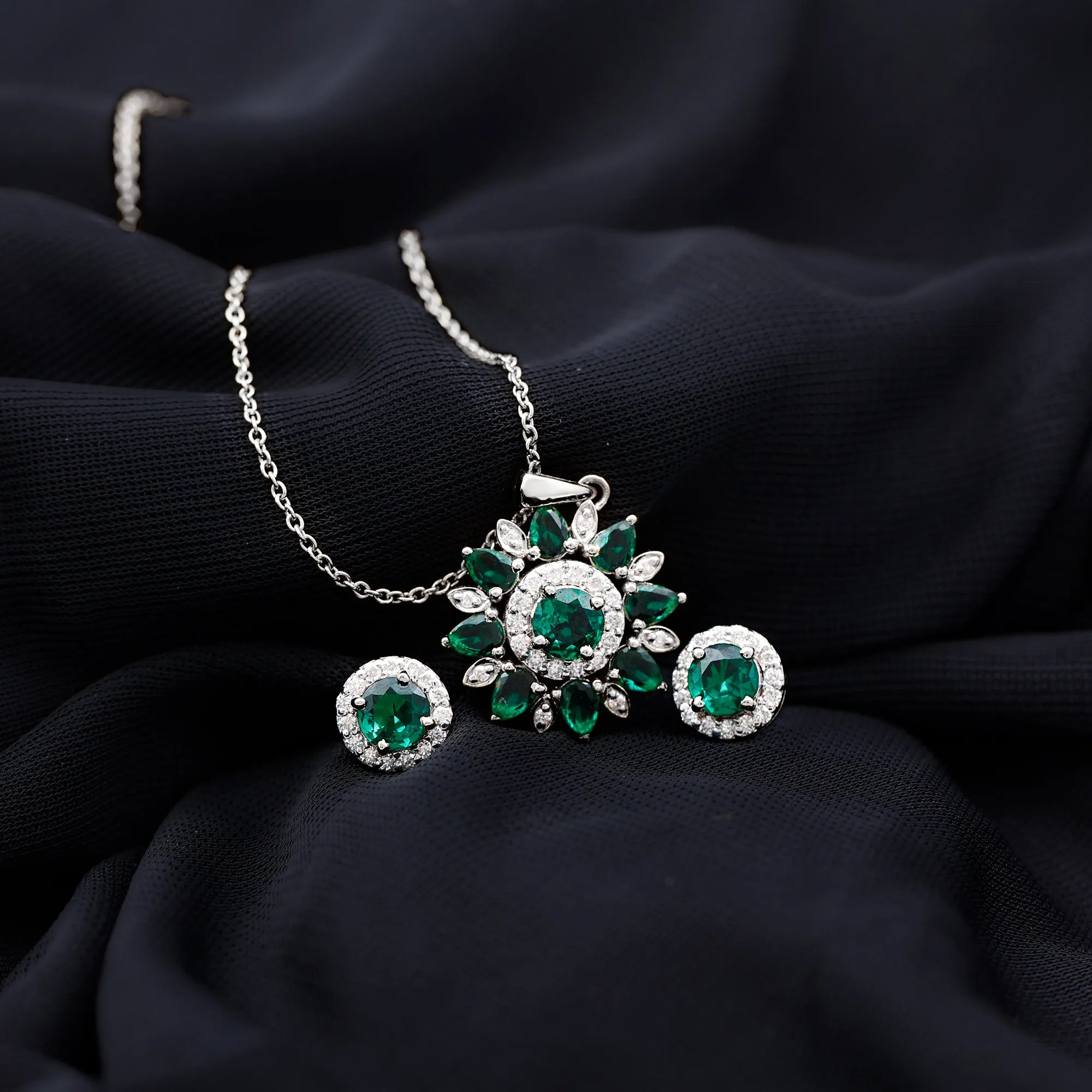 Created Emerald and Moissanite Flower Statement Jewelry Set in Gold