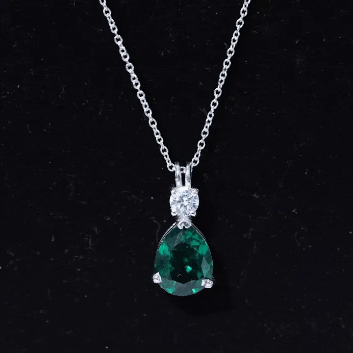 Created Emerald and Zircon Modern Teardrop Pendant in Silver