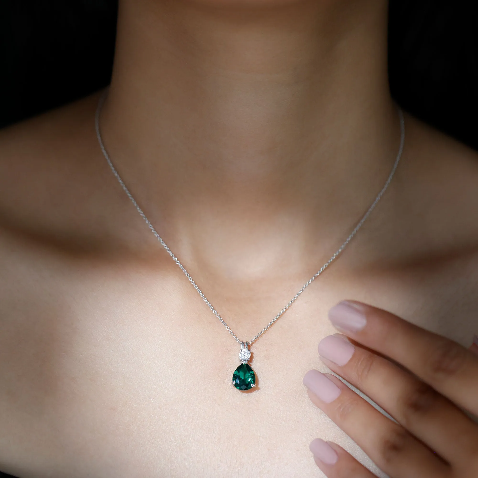 Created Emerald and Zircon Modern Teardrop Pendant in Silver